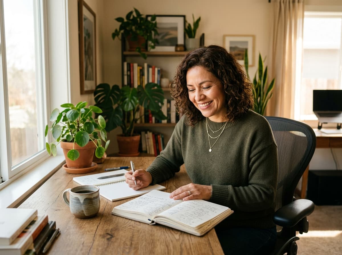 A Latina woman at her desk reviewing notes in a journal with a satisfied smile