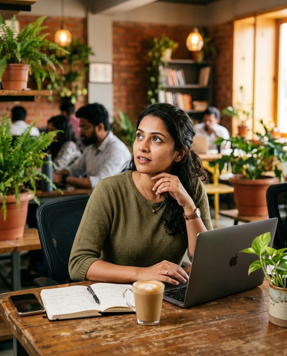 A South Asian woman at a coworking desk looking up from her laptop with a focused, decision-making expression