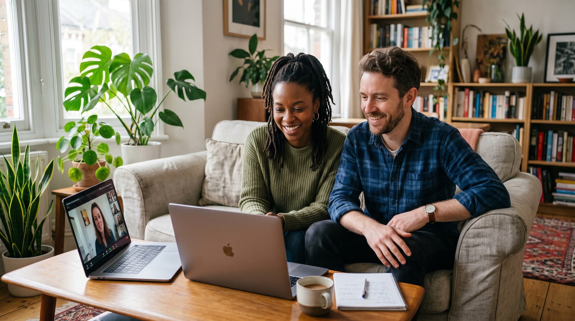 A diverse couple sitting on a couch together having a video coaching session on a laptop, both engaged