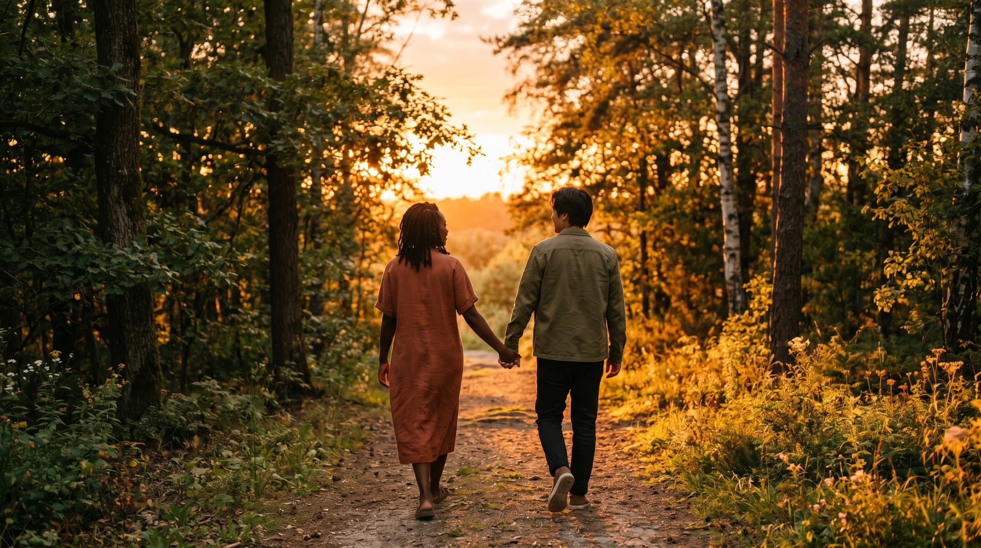 A diverse couple walking forward hand in hand on a forest path into warm golden sunset light
