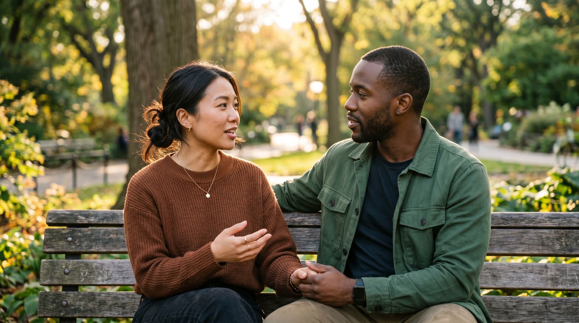 An interracial couple sitting close on a park bench having an engaged warm conversation, autumn afternoon light