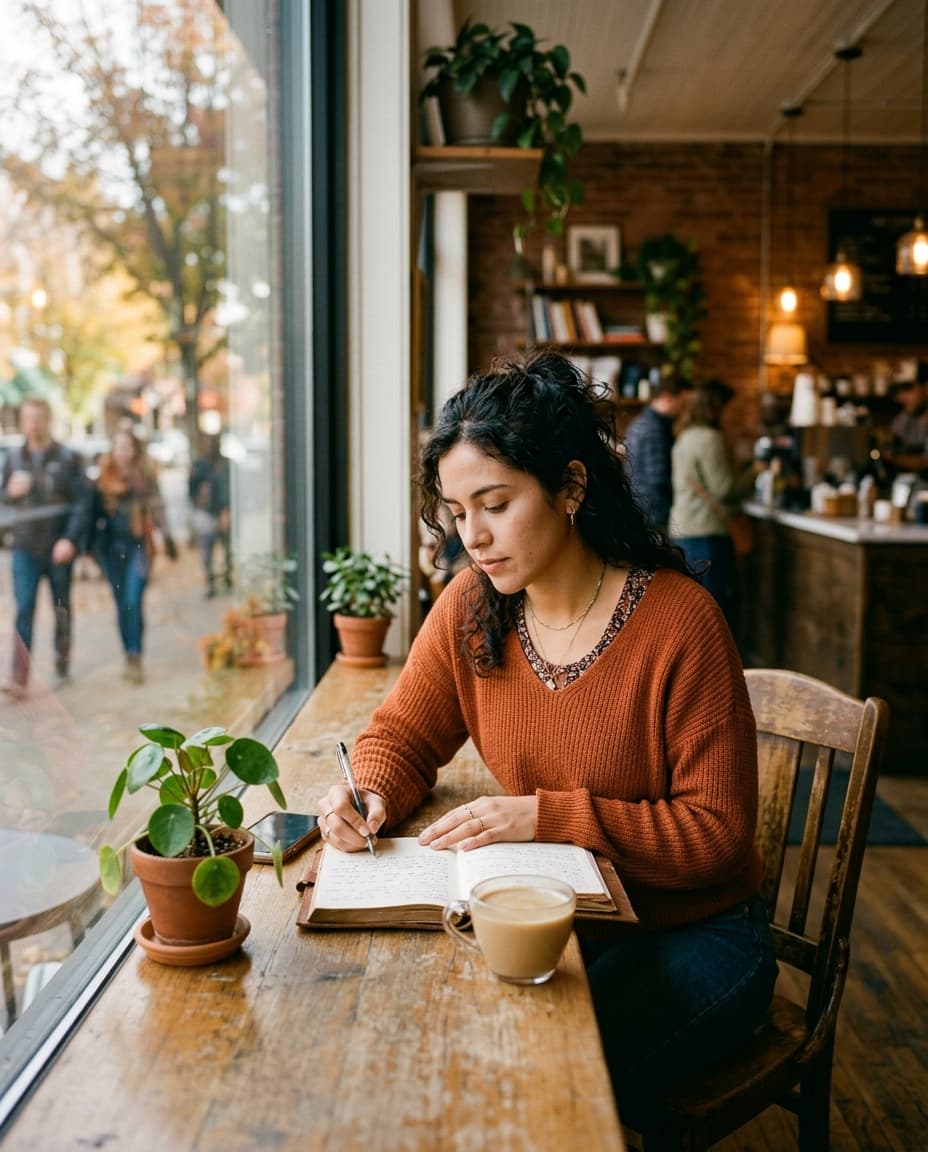 A young Hispanic woman journaling alone at a coffee shop window, reflecting on her relational patterns