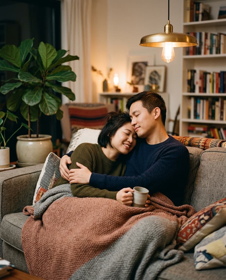 A young East Asian couple cuddled on a couch wrapped in a warm blanket, content and at peace