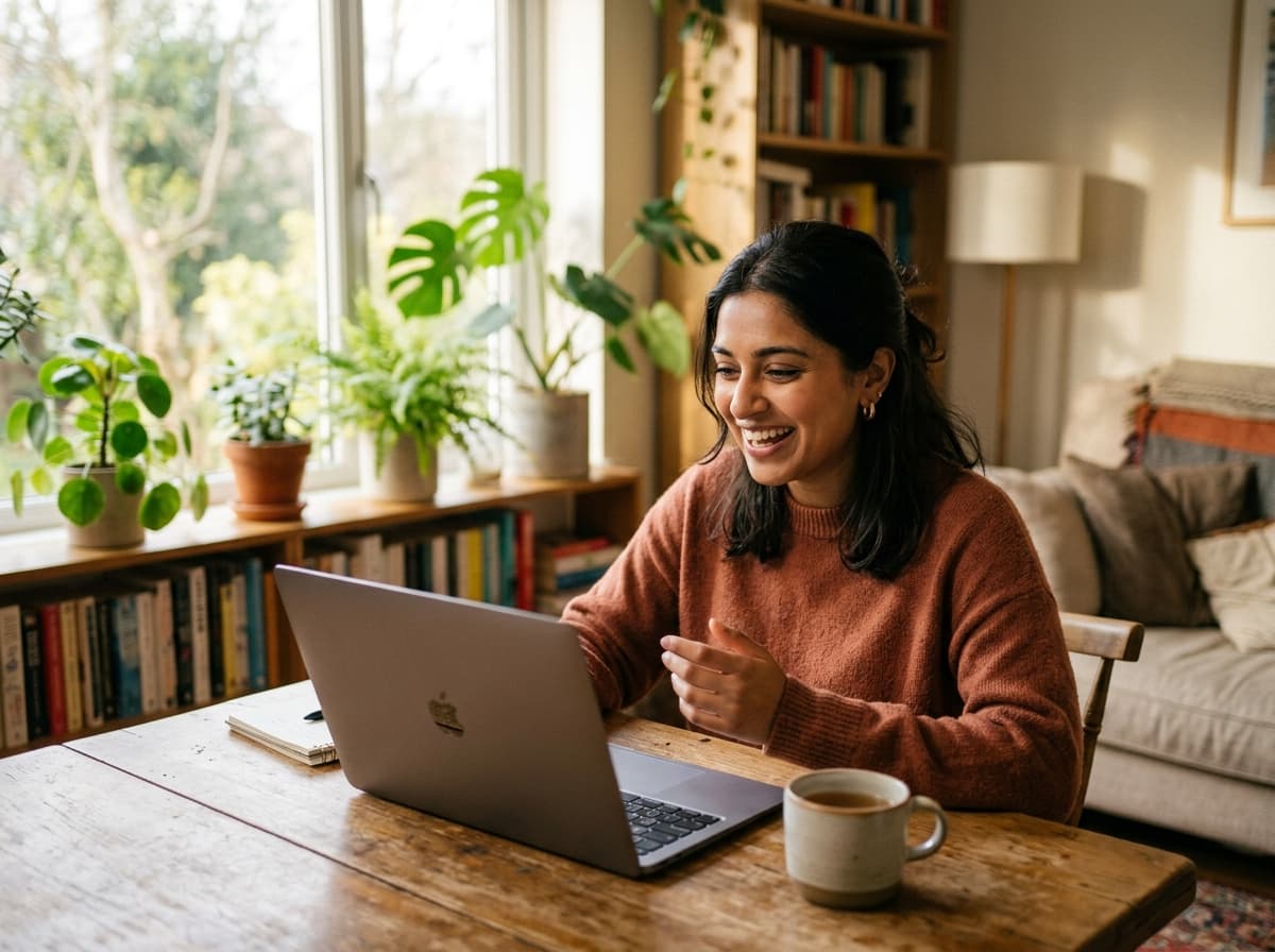 A young South Asian woman on a video discovery call with a coach in a warm living room, smiling and engaged