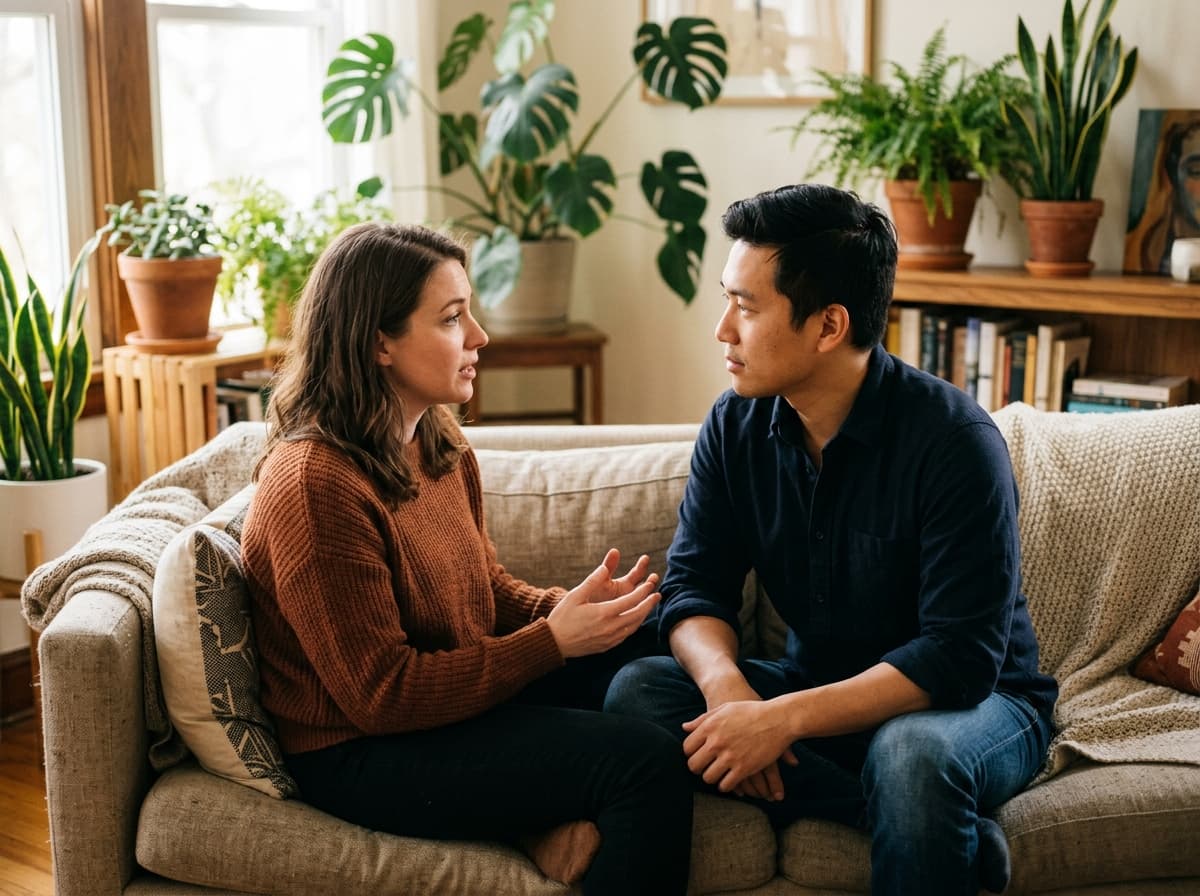 An interracial couple practicing a communication exercise on a sofa, the woman speaking, the man listening with attention