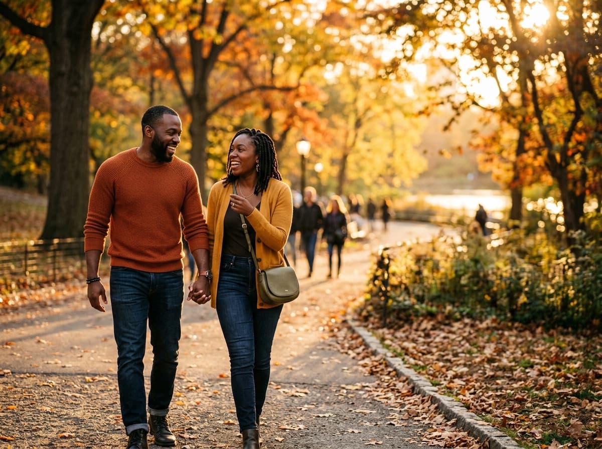 A Black couple walking together hand in hand in a park in early evening, talking and connecting