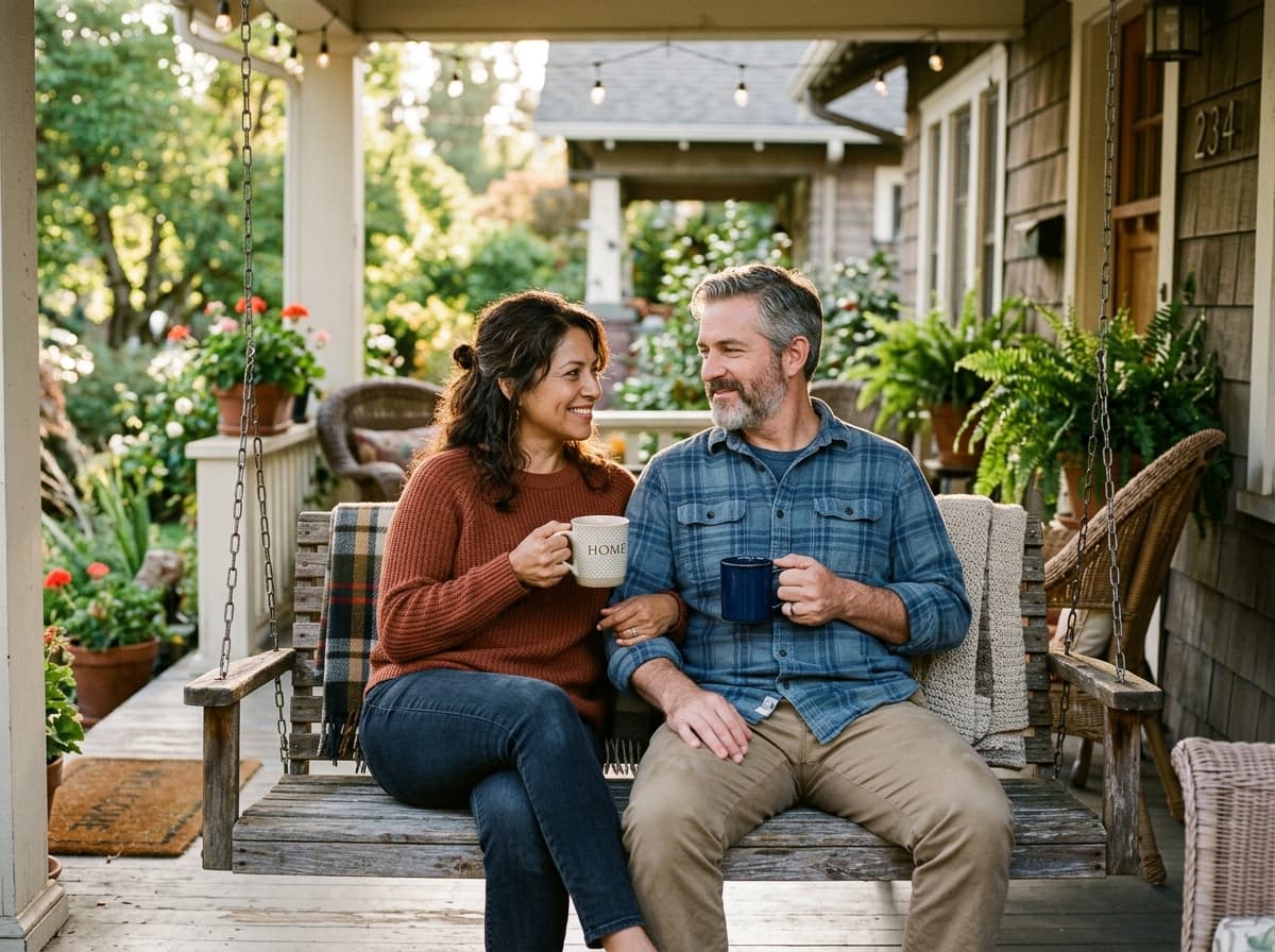 A mature mixed couple sitting on their porch with mugs of tea, comfortable and established