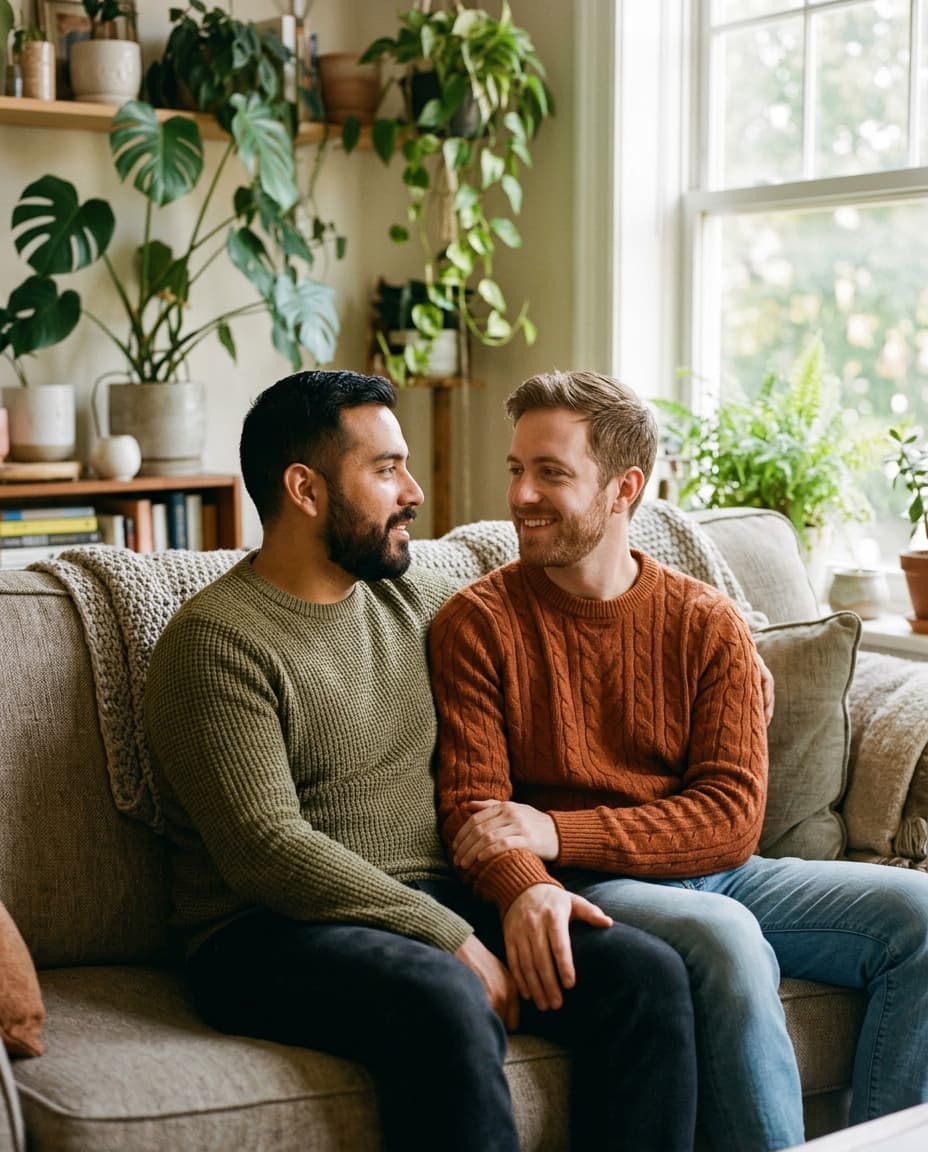 A same-sex male couple sitting close on a sofa at home, looking at each other warmly while one speaks