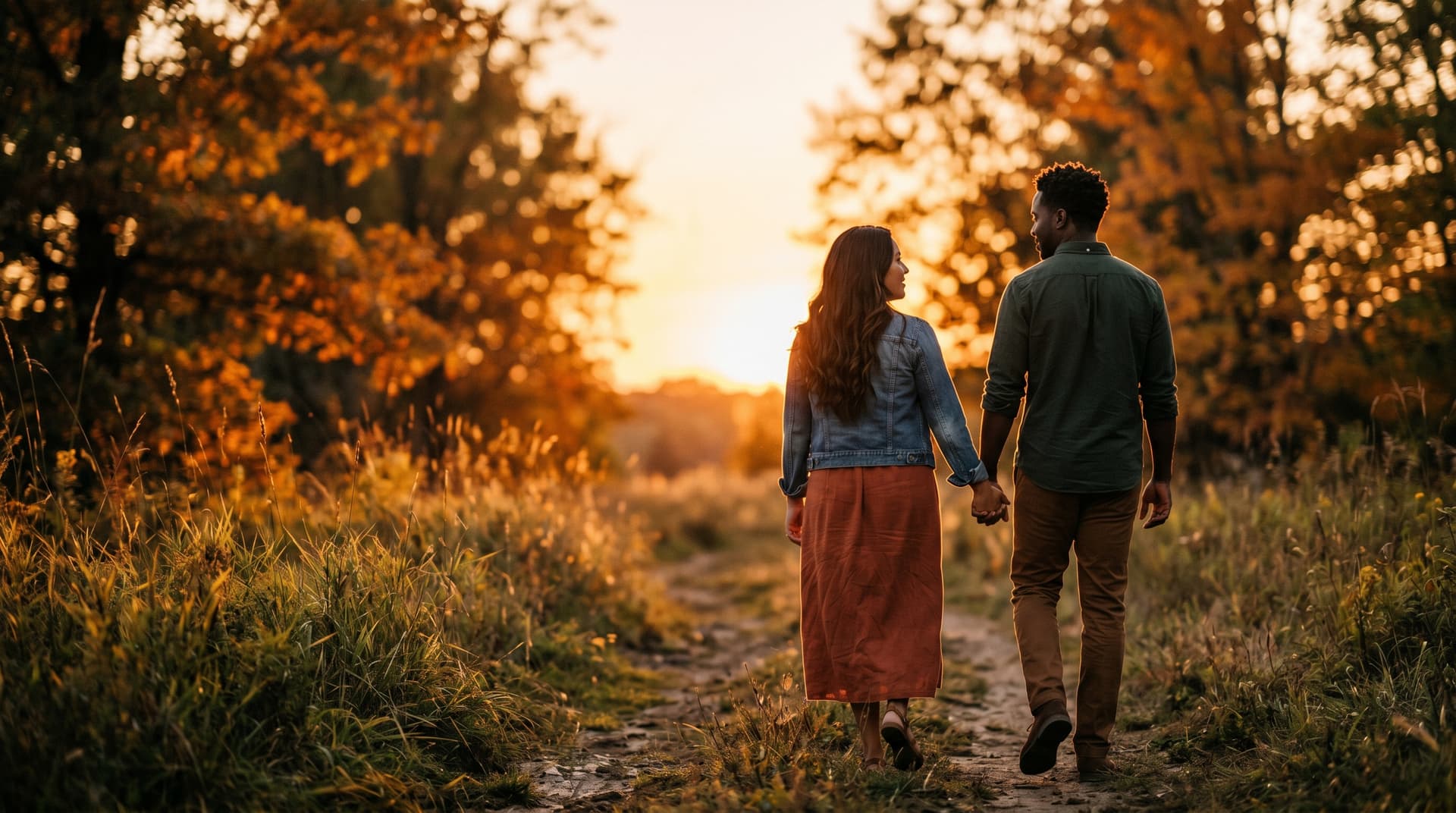 A diverse couple walking hand in hand into golden-hour light, hopeful and forward-looking