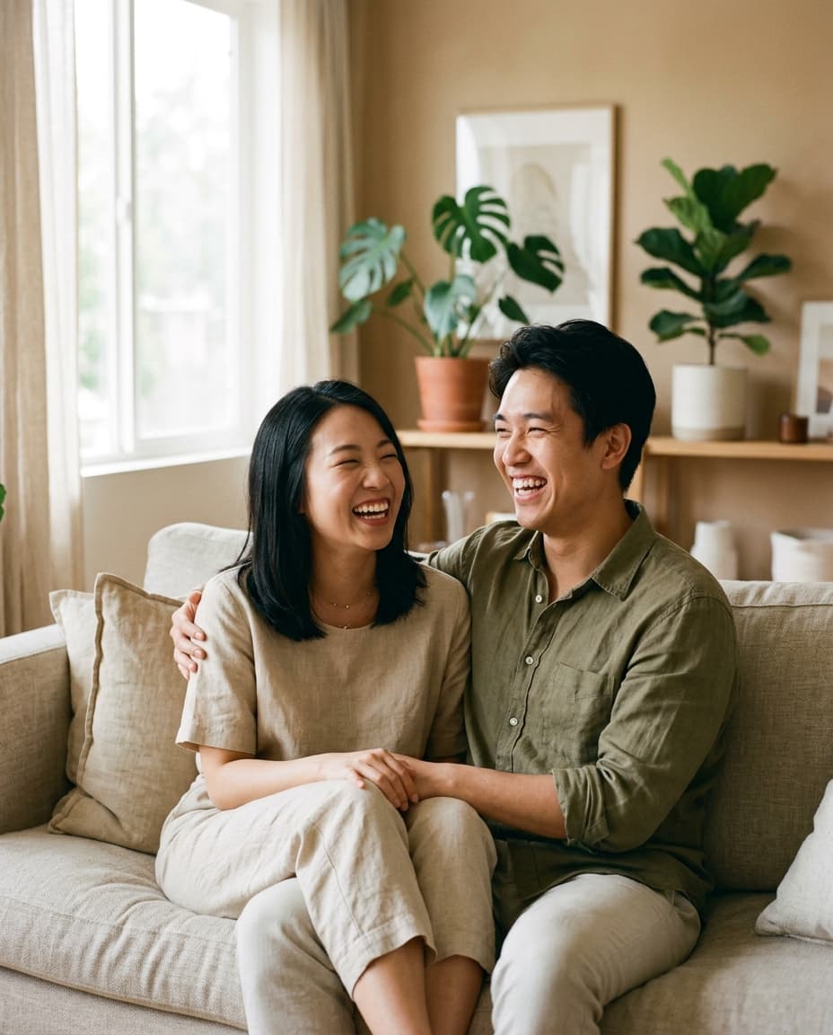 An Asian couple laughing together on a warm linen sofa, real shared joy