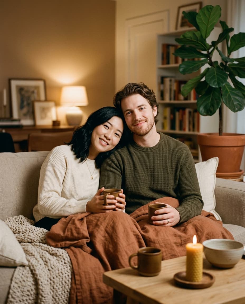 A young couple cuddled on a couch holding mugs of tea, content and at ease