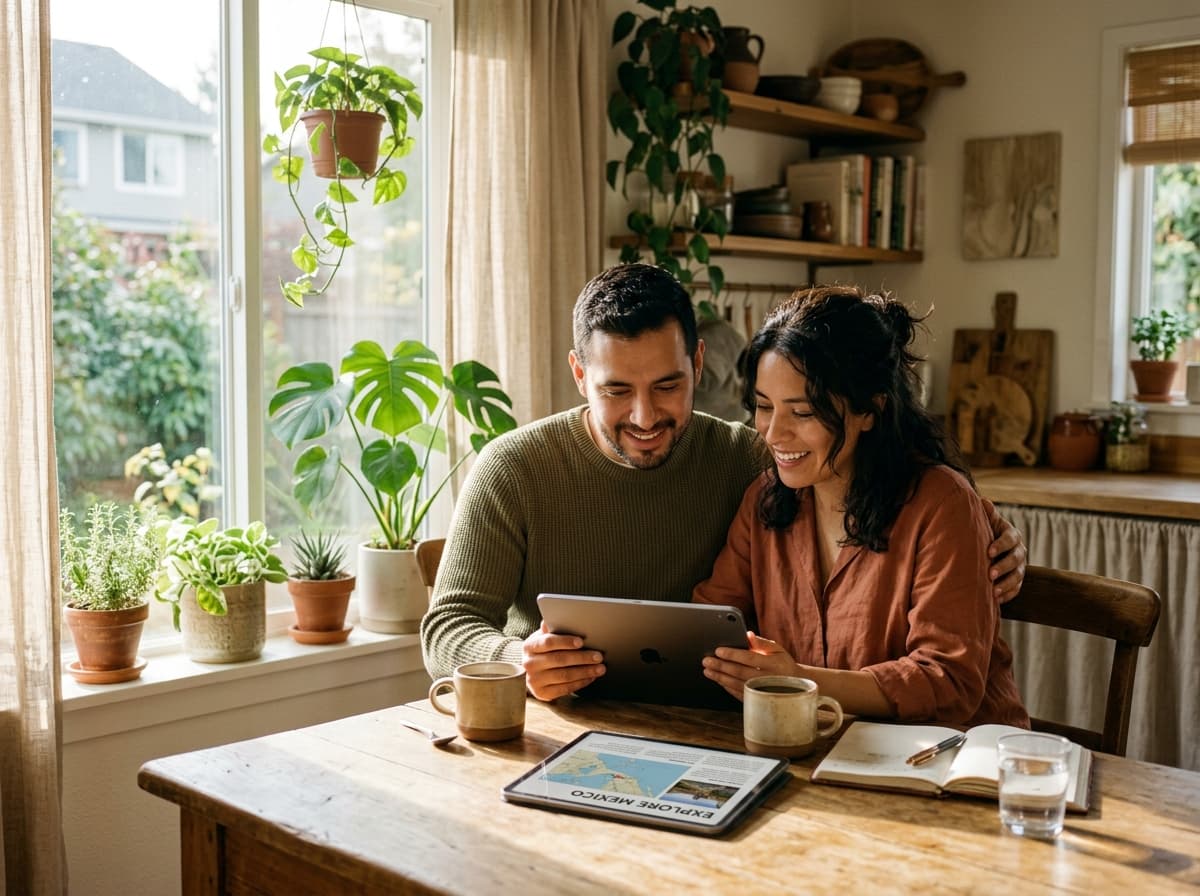 A Hispanic couple sitting together at a sunlit kitchen table, sharing a tablet and coffee