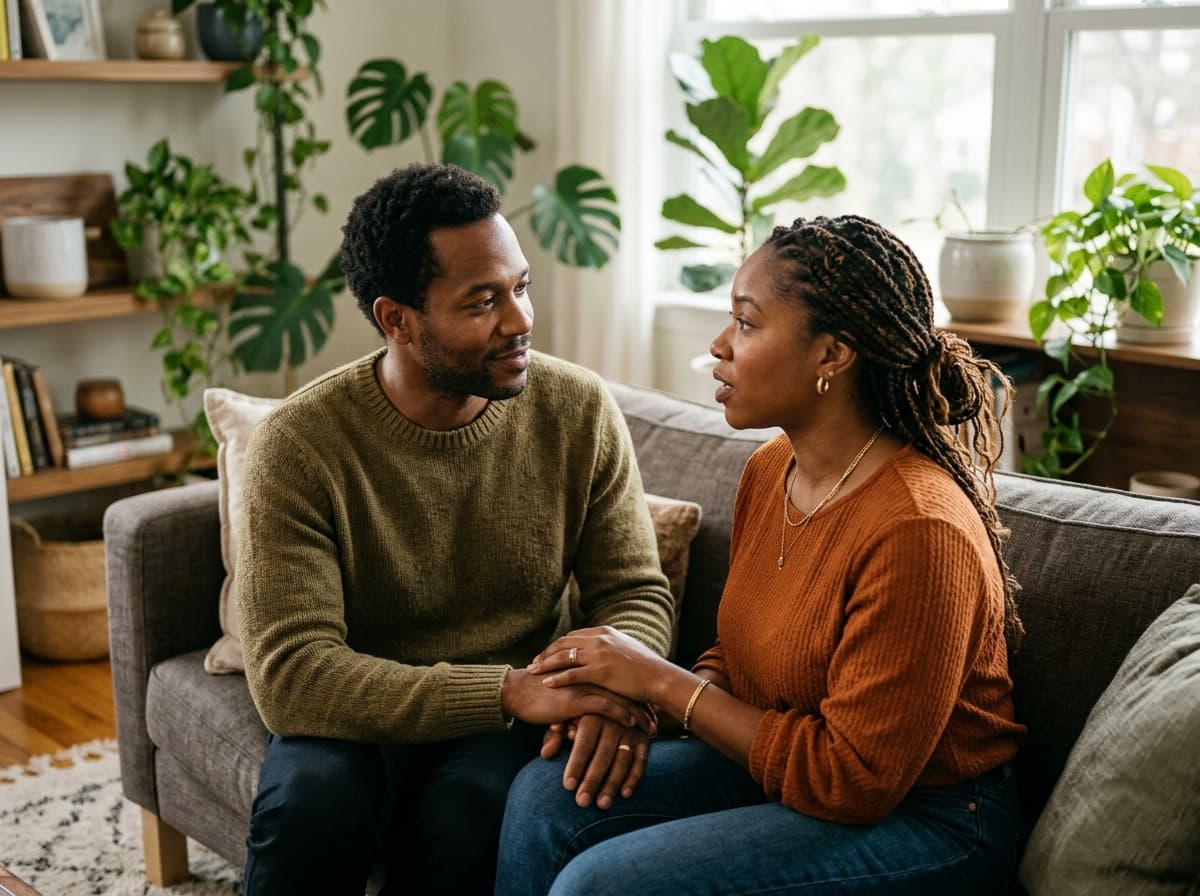An African American couple sitting on a couch in attentive conversation, hands gently joined