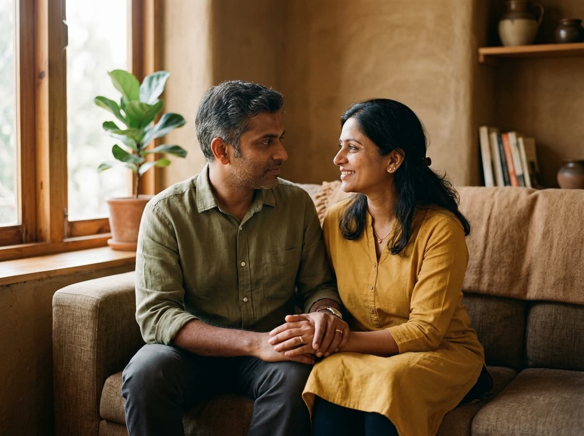 A South Asian couple sitting close in warm window light, in tender eye contact with hands clasped
