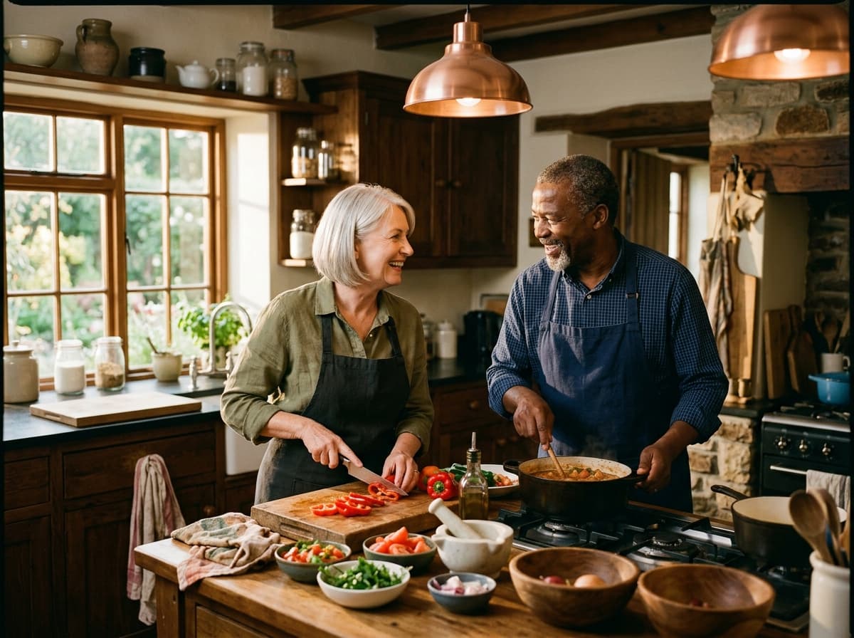 An older couple cooking together in a warm farmhouse kitchen, both smiling and relaxed