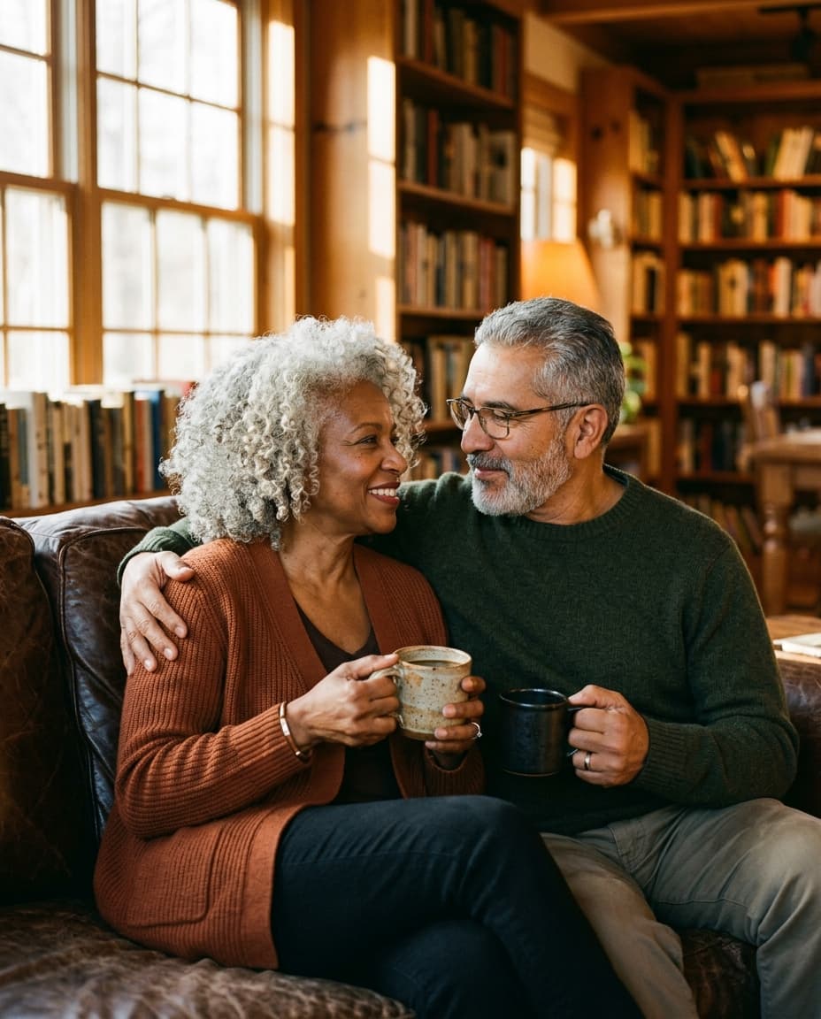 An older mixed-ethnicity couple sharing coffee and a tender look in a warm home library