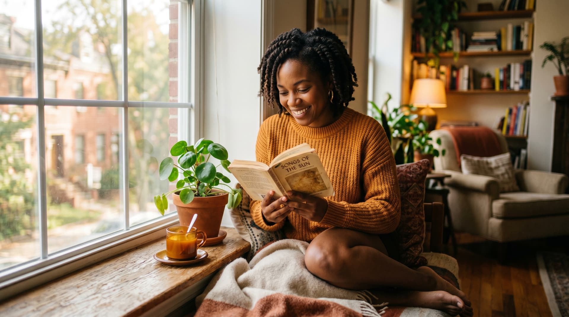 A Black woman reading a small book at a sunlit window, mug of tea on the windowsill — calm and engaged