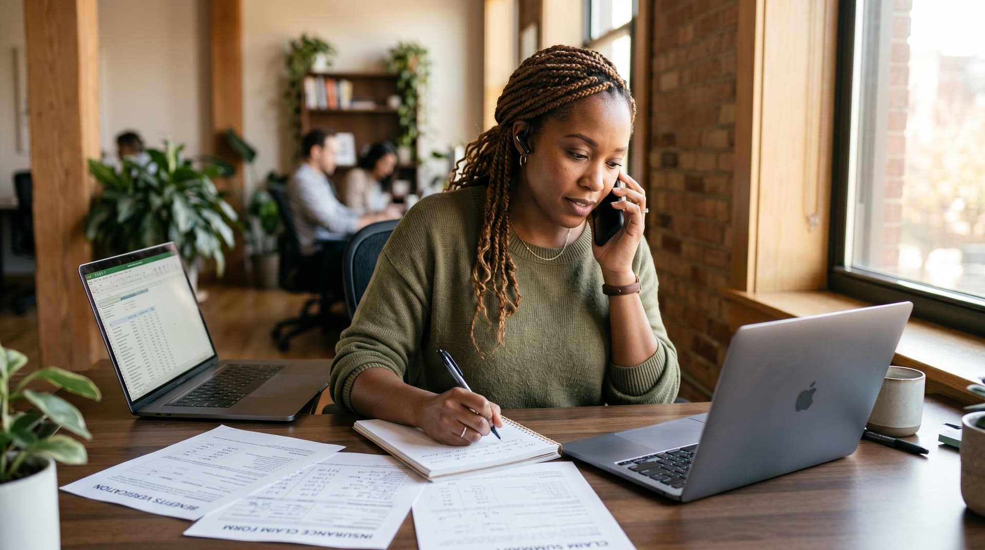 An African American care coordinator on a phone call at a wellness office desk taking notes from insurance docs