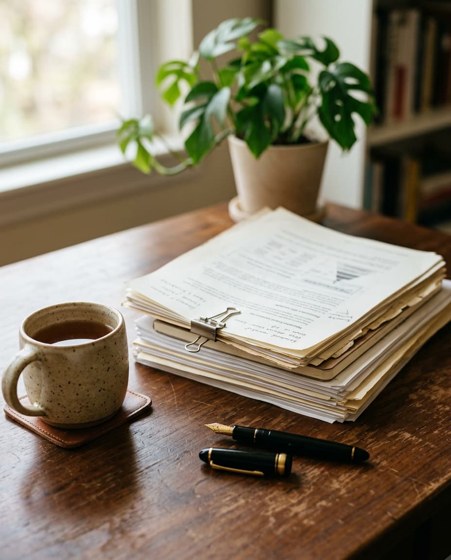Organized documents, a fountain pen, and a mug arranged on a calm wooden desk in soft natural daylight