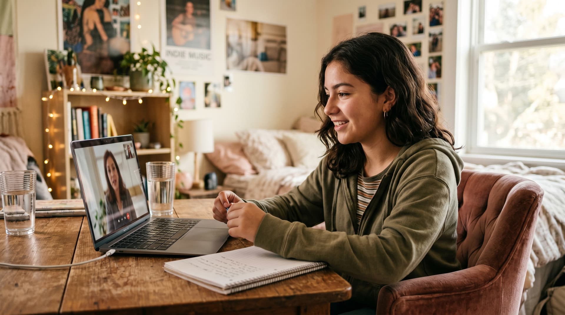 A Latina teenage girl smiling during a video therapy session on her laptop in her bedroom