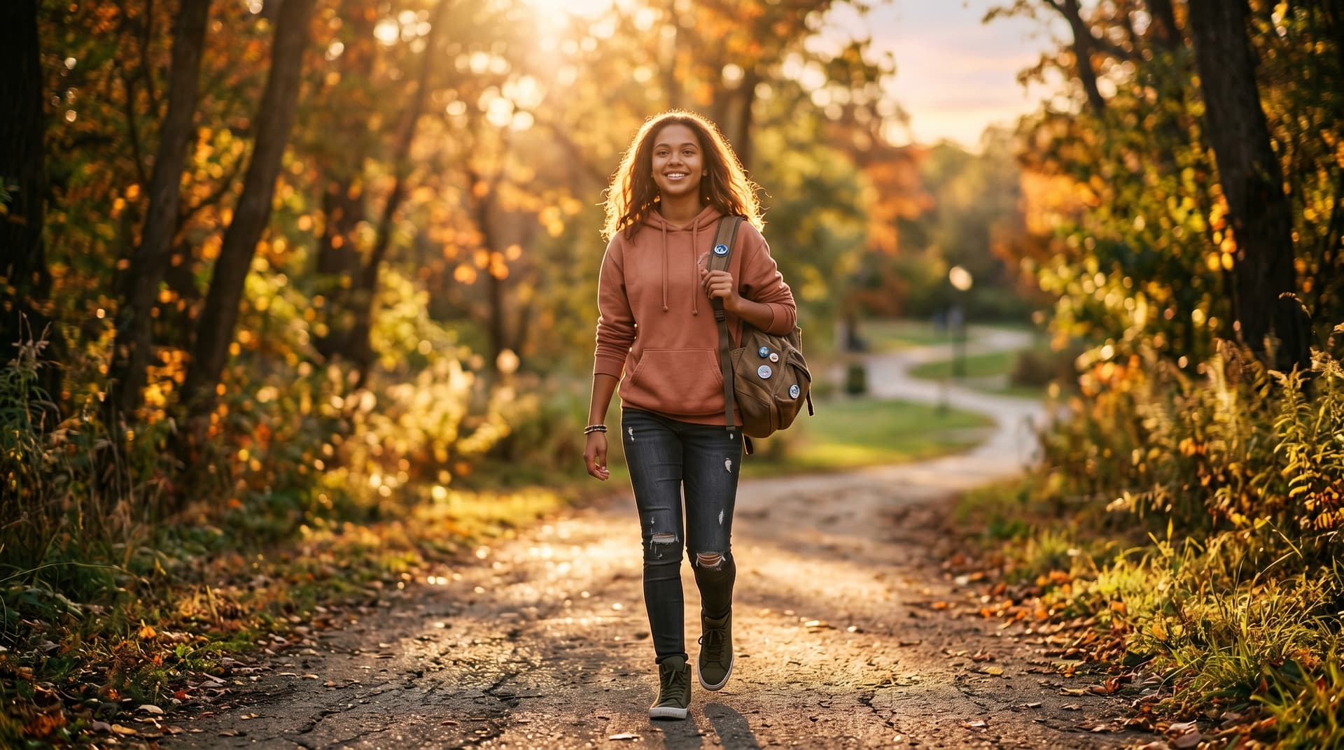 A mixed-ethnicity teenage girl walking forward into warm golden-hour light on a sun-dappled path