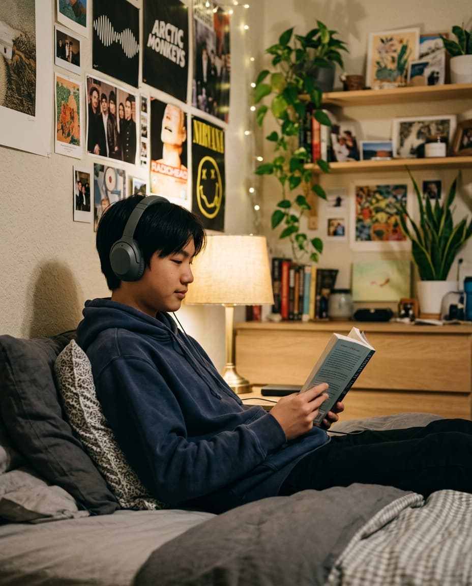 An Asian teenage boy in his bedroom listening to music and reading, warm lamp light