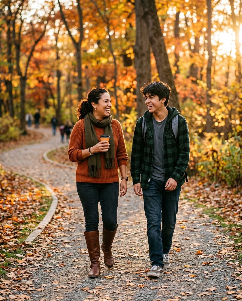 A Hispanic mother and her teenage son walking together outdoors in warm autumn light, talking warmly