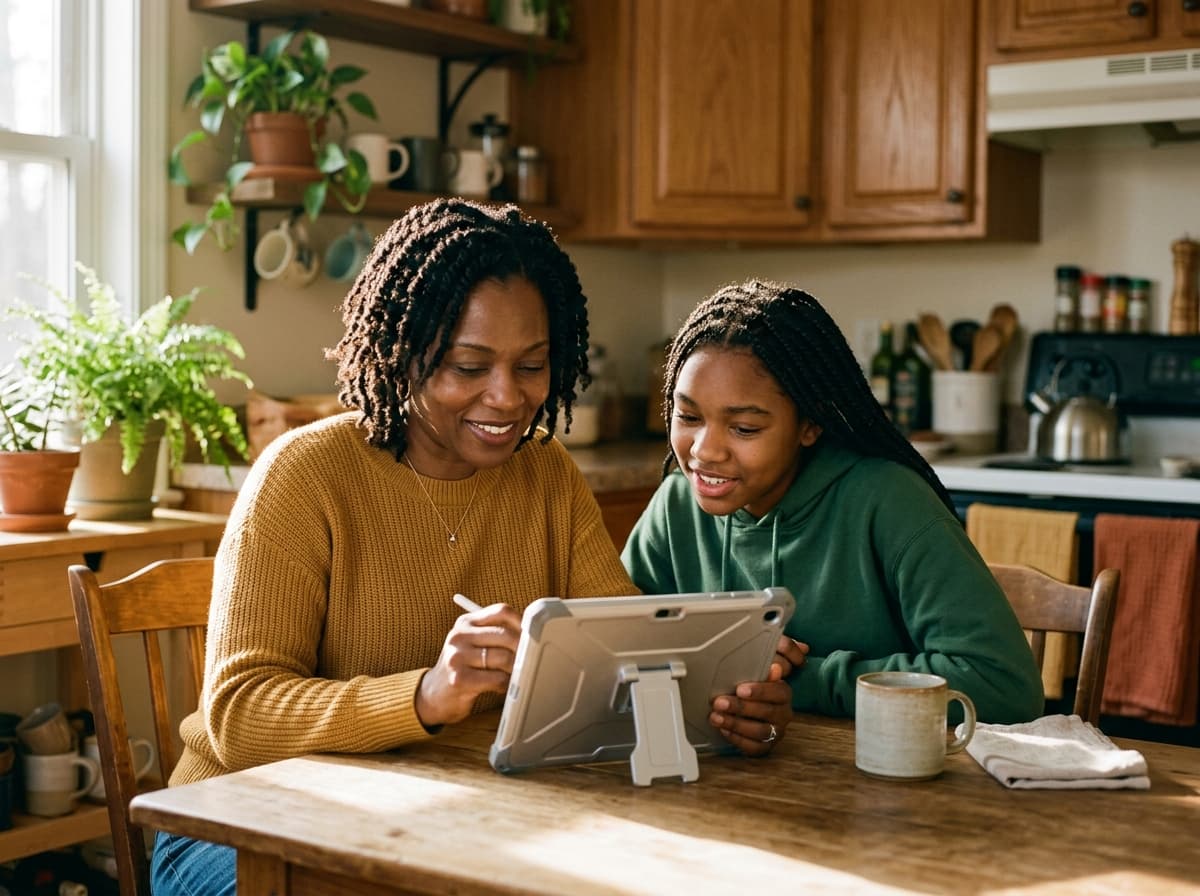 A Black mother and her teenage daughter filling out an intake form together at the kitchen table