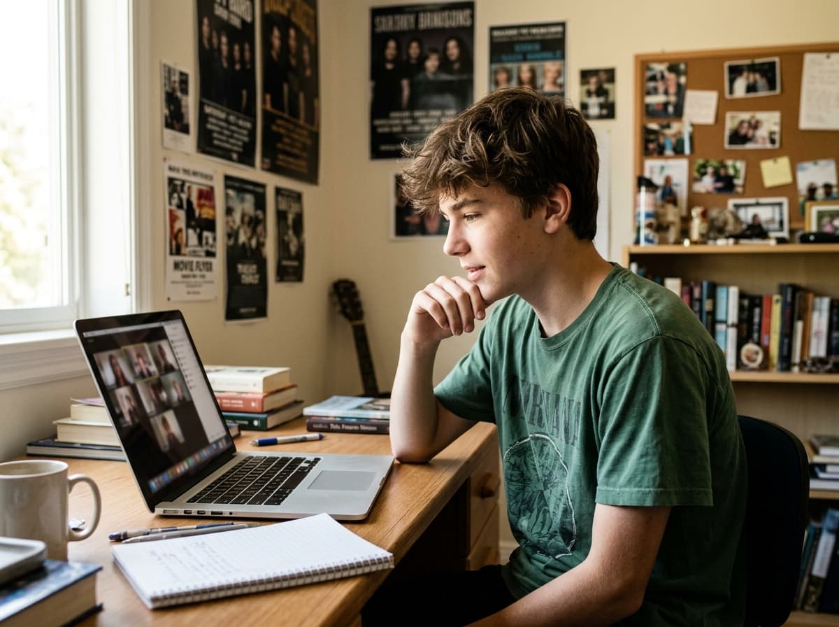 A teenage white boy having a solo video therapy session at his desk, engaged and listening