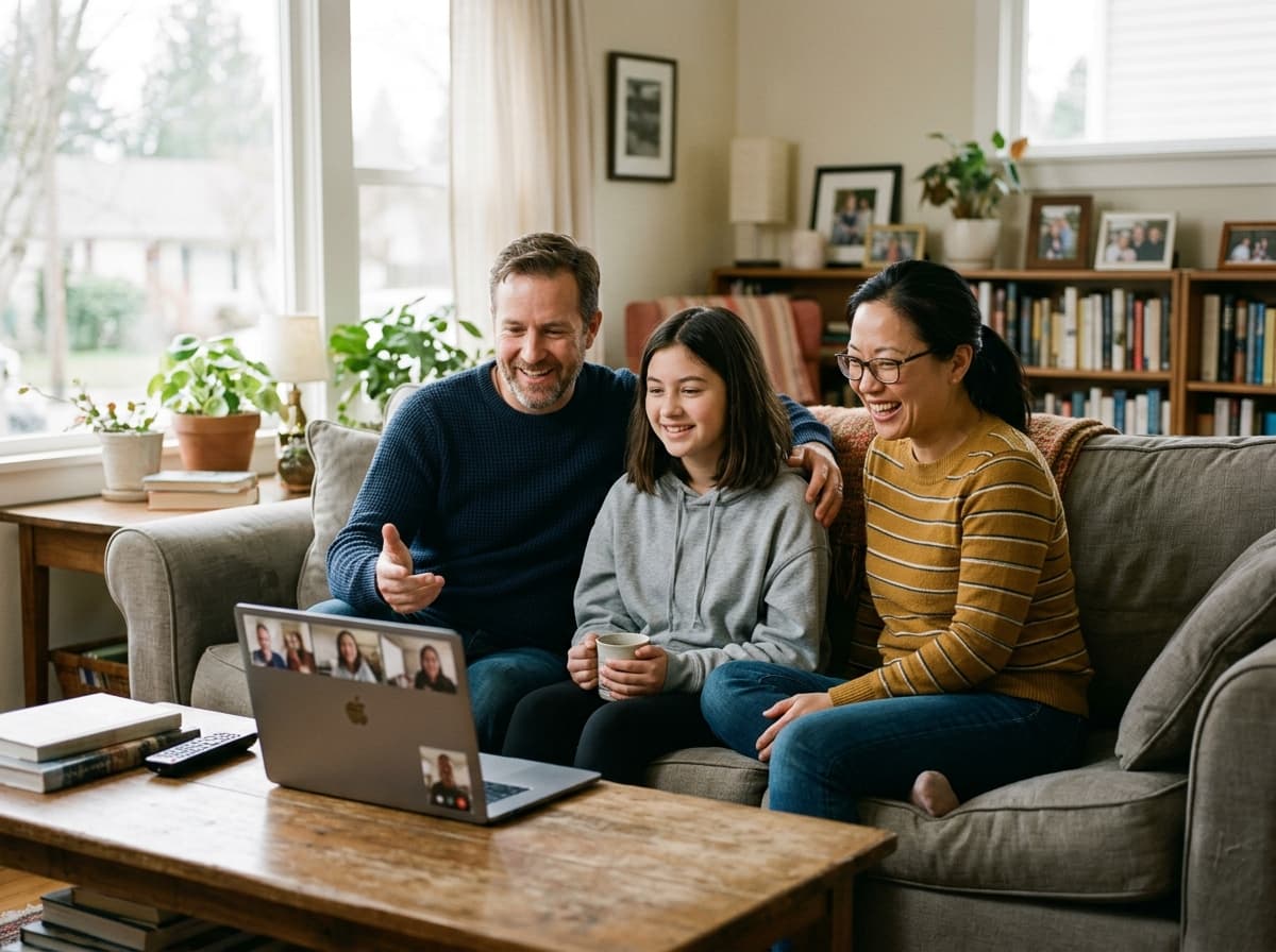 A diverse family — white father, Asian mother, teenage daughter — sharing a family video session on a laptop