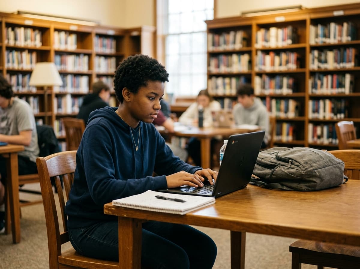 An African American teenager focused on schoolwork at a library table, laptop open