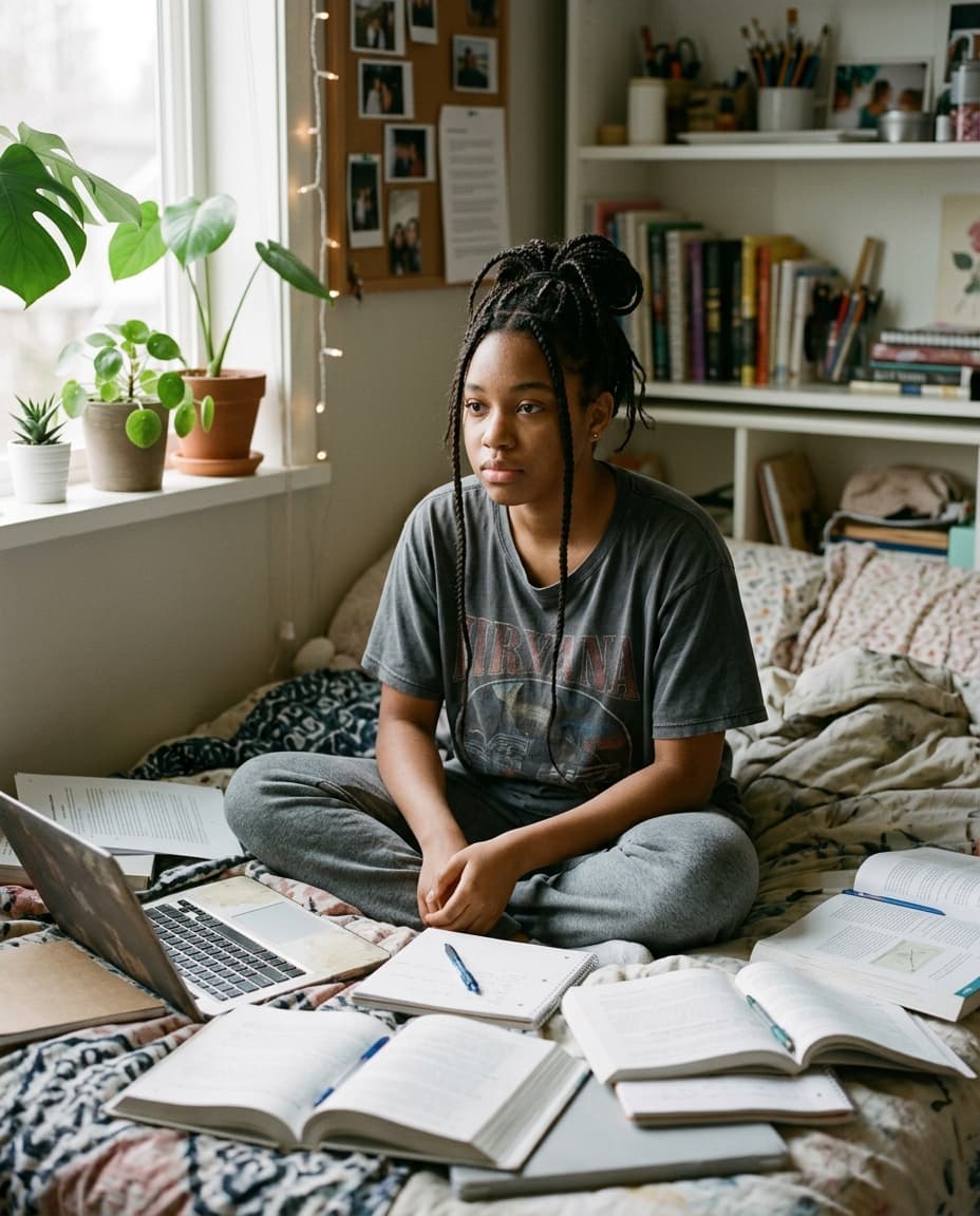 A Black teenage girl with braids on her bed surrounded by school books, quietly working through pressure